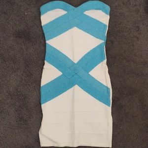 White Turquoise Shimmer Strapless Bandage Dress